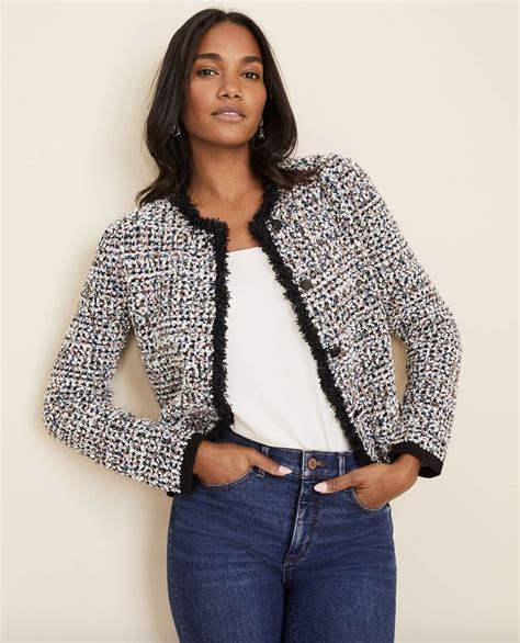 tweed jacket chanel inspired|Chanel lookalike tweed jackets black.